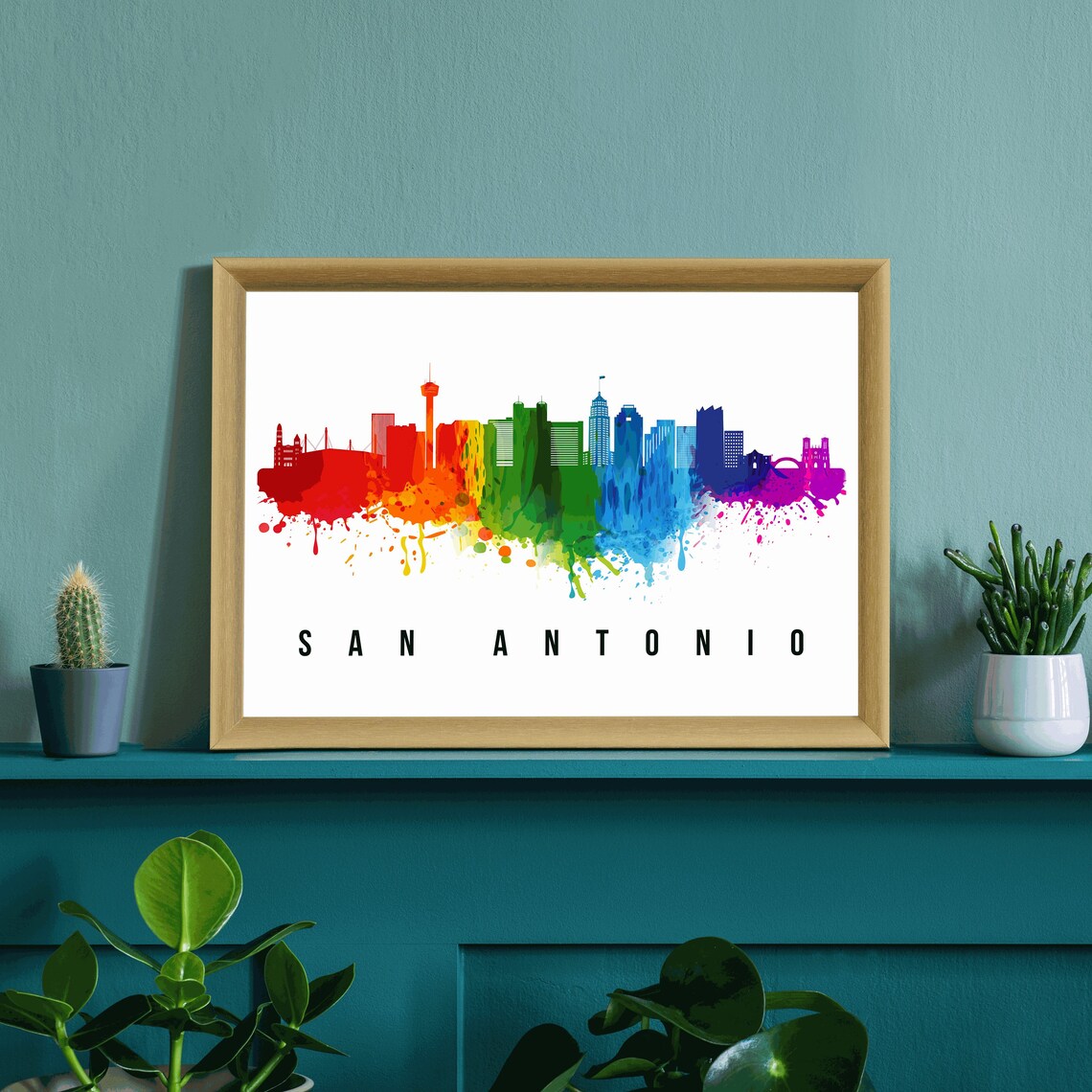 San Antonio Texas Rainbow Watercolor Skyline Travel Poster Wall Art - Image 2