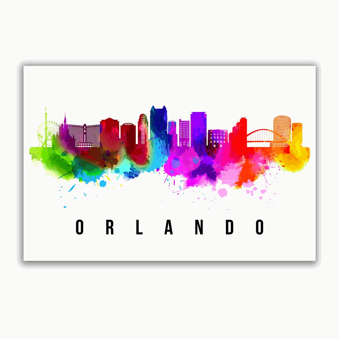 Orlando Florida Rainbow Watercolor Downtown Skyline Travel Poster - Image 2