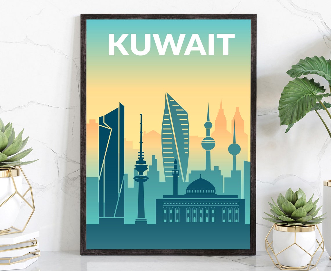 Kuwait Middle East Towers Solid Color Skyline Silhouette Travel Poster