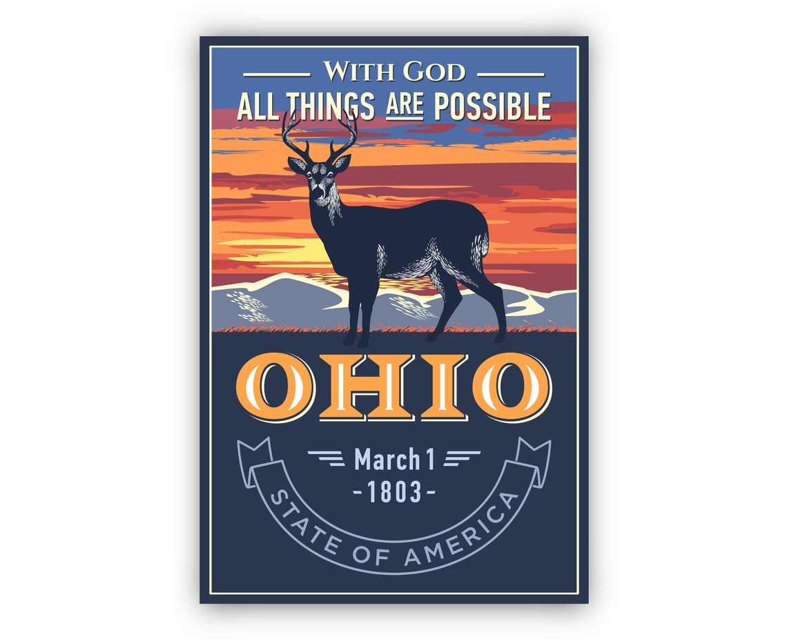 Ohio With God All Things Are Possible Deer Sunset State Poster Vintage - Image 2