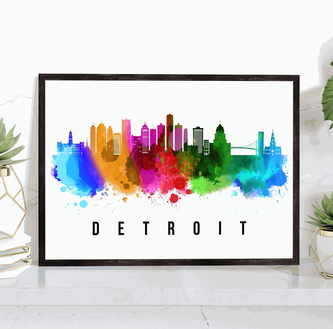 Detroit Michigan Rainbow Watercolor Skyline Minimalist Travel Poster