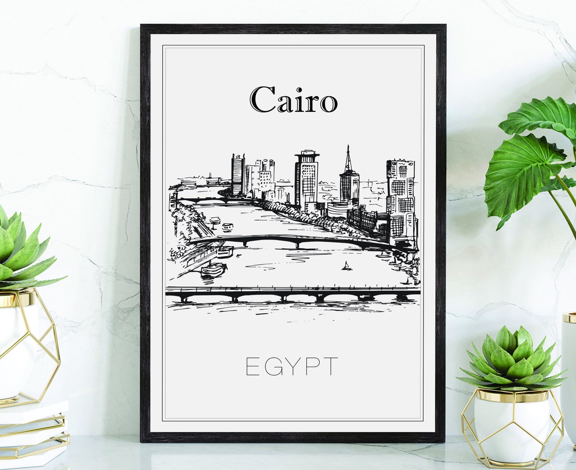 Cairo Egypt Downtown Nile River Bridges Skyline Sketch Art Poster