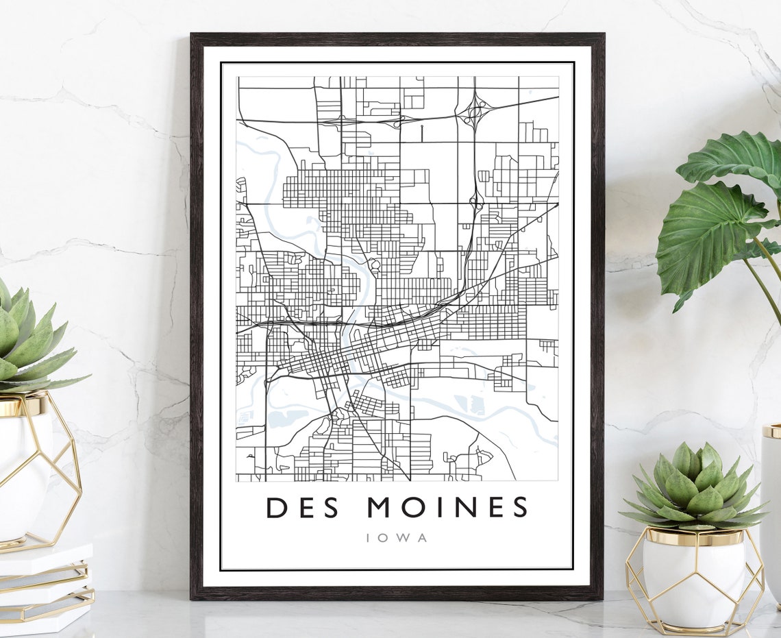 Des Moines Iowa City Map Iowa City Road Map Poster City Street Map Print Modern Us City Map Home Art Decoration Office Wall Art Print