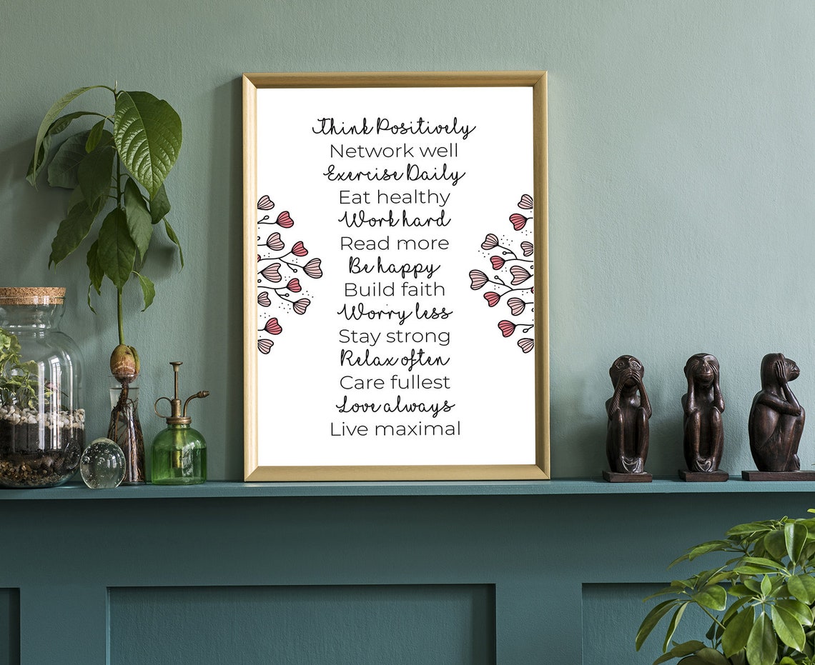 Think Positively Live Well Floral Checklist Inspirational Quote Poster - Image 3
