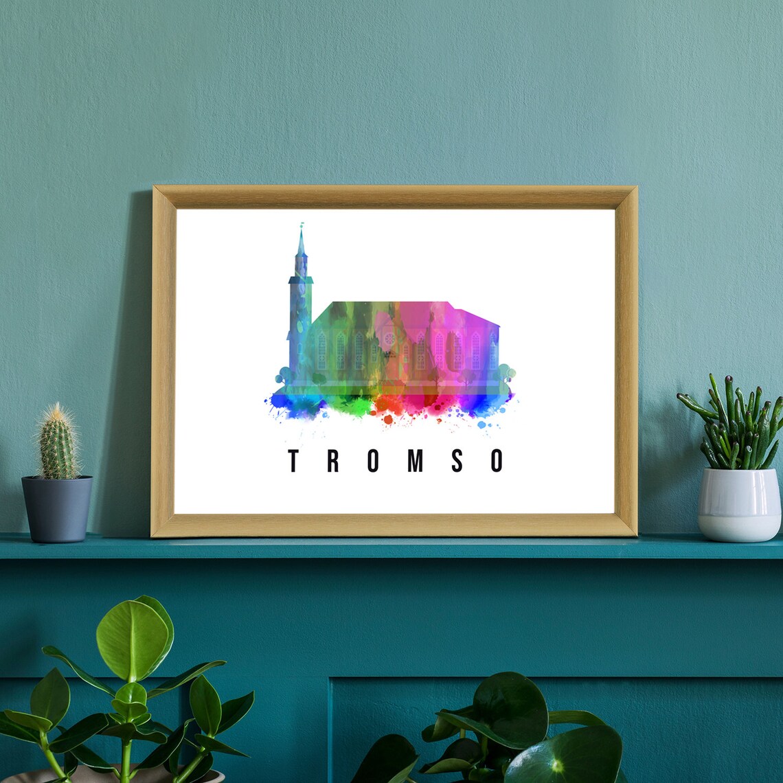 Tromso Norway Wooden Church Spire Rainbow Watercolor Art Poster - Image 2
