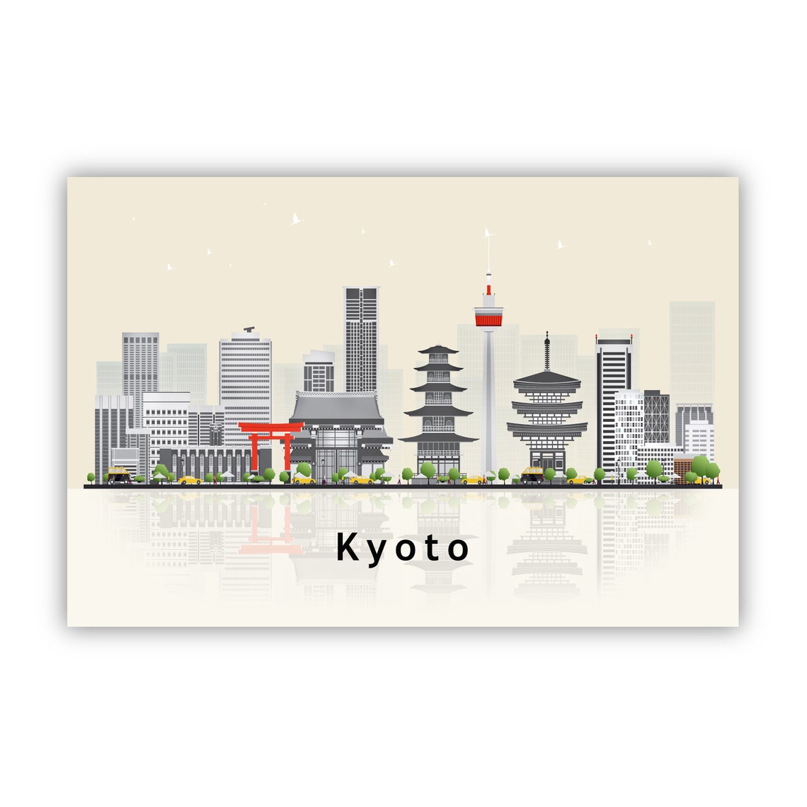 Kyoto Japan Torii Gate Pagoda Flat Vector Skyline Travel Poster Print - Image 2