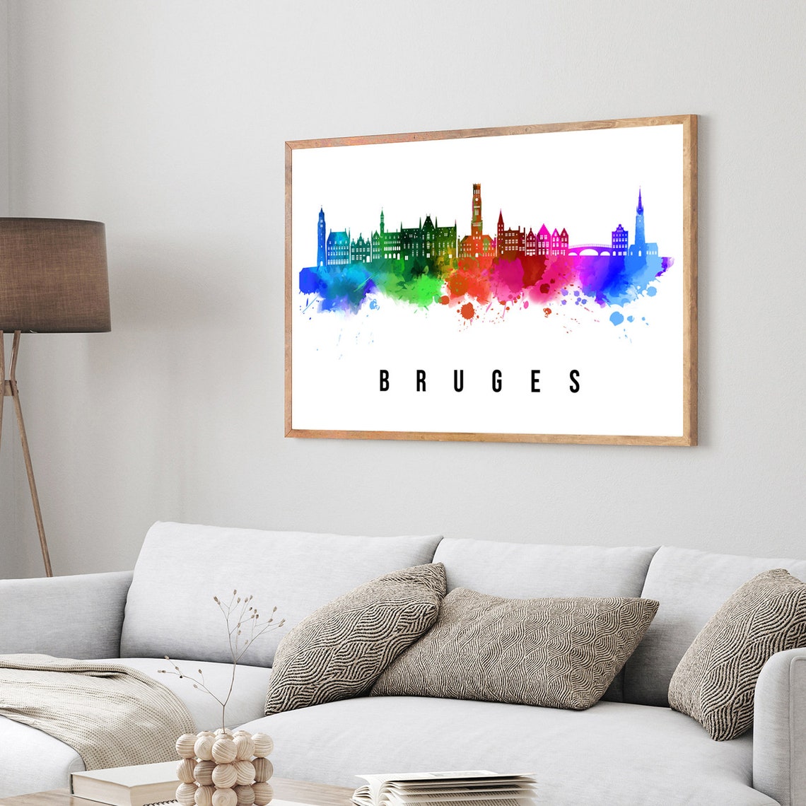 Bruges Belgium Rainbow Watercolor Skyline Historic Towers Wall Art - Image 3