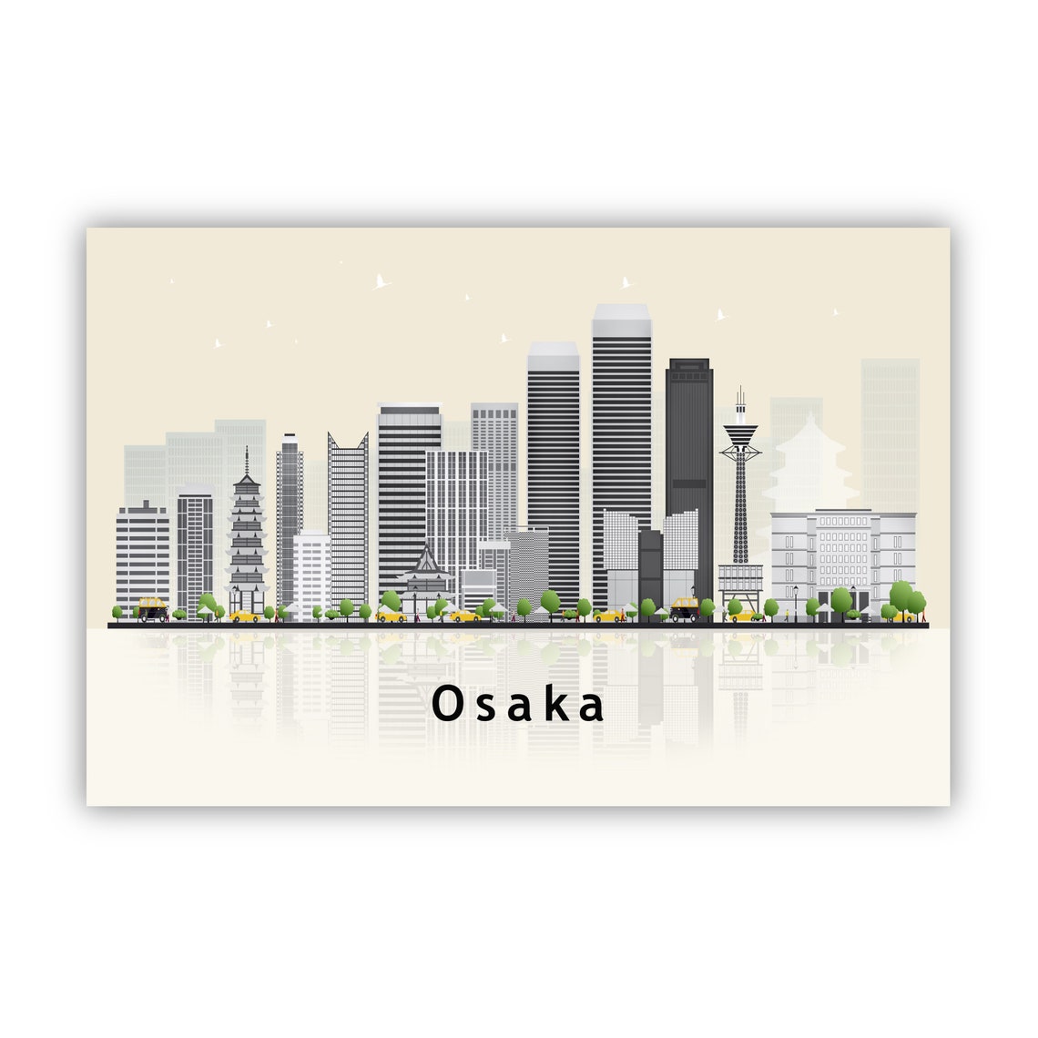 Osaka Japan Tsutenkaku Tower Pagoda Flat Skyline Travel Poster