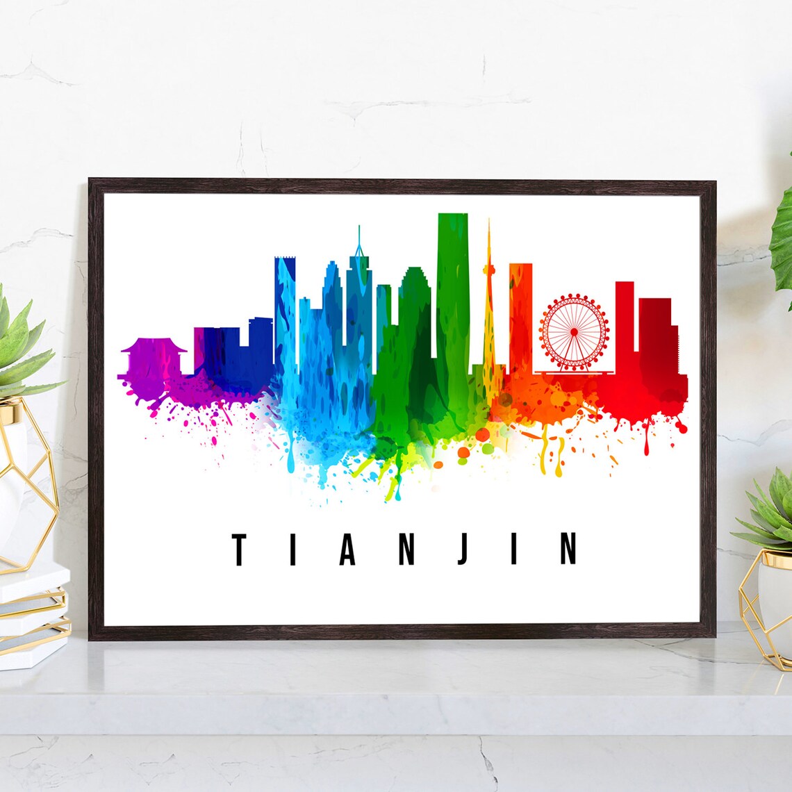 Tianjin China Rainbow Watercolor Skyline Ferris Wheel Travel Poster