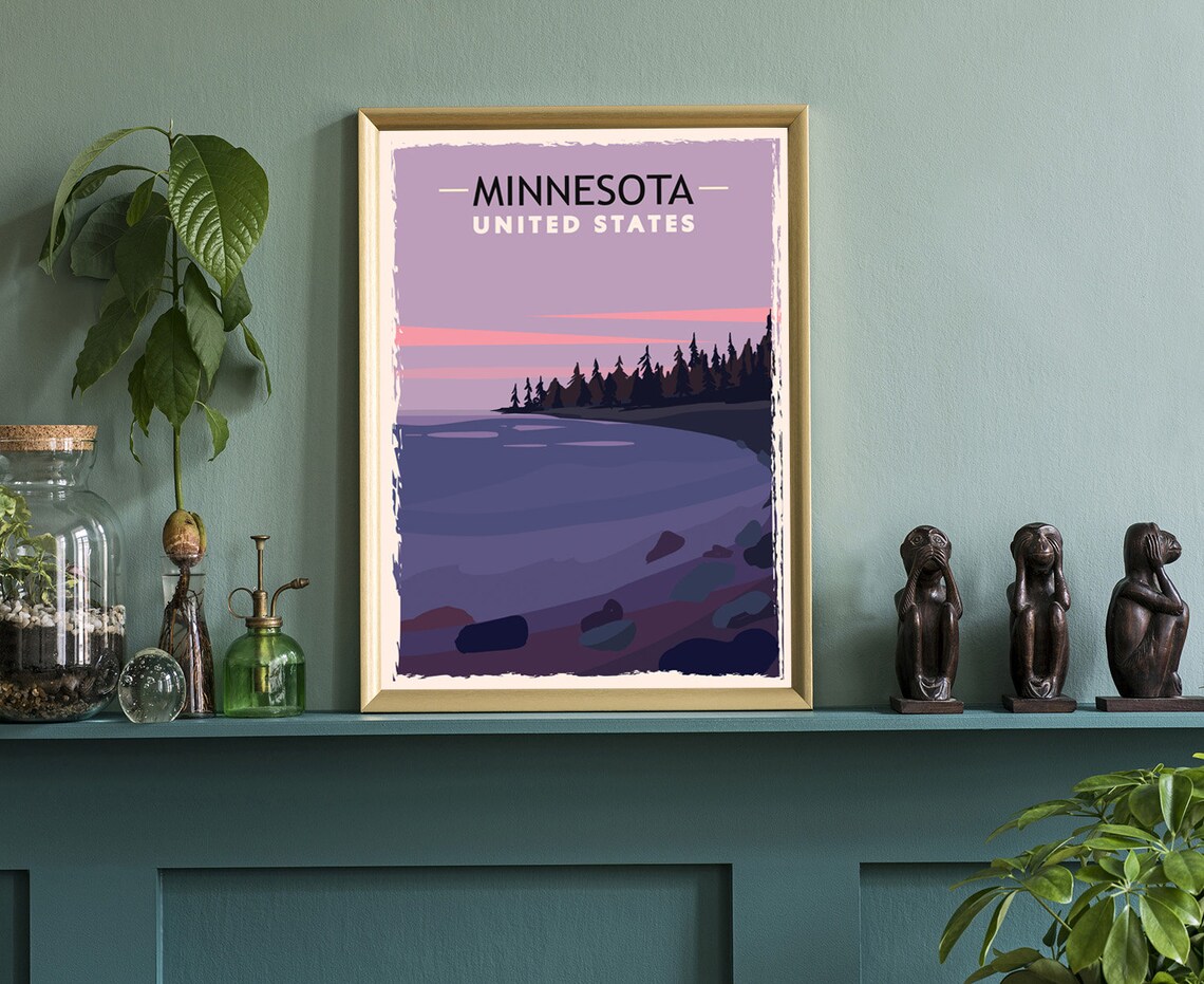 Minnesota Lake Sunset Silhouette Pines Retro Dusk Travel Poster - Image 3