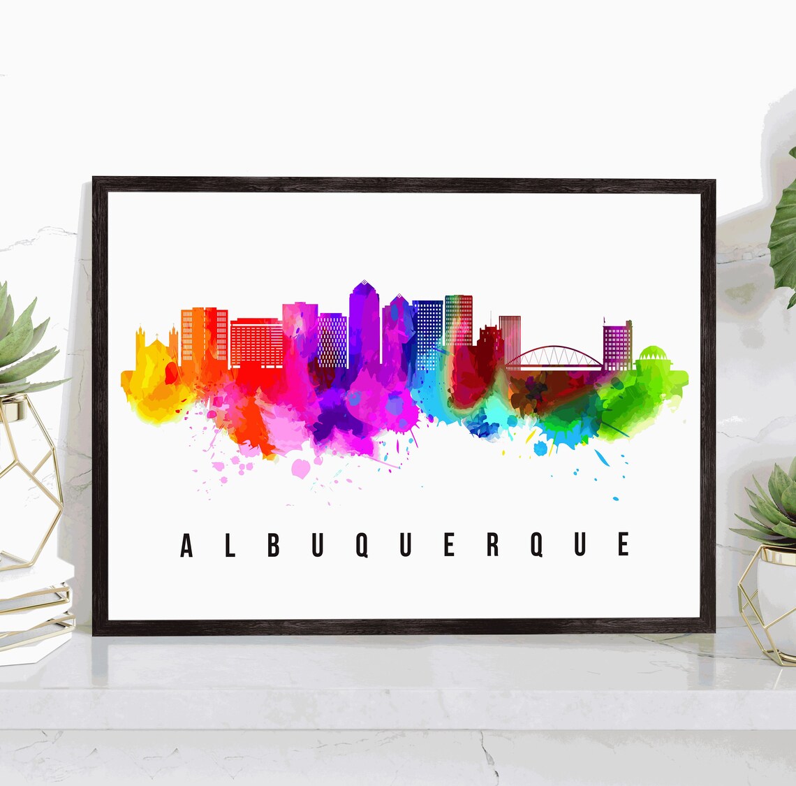 Albuquerque New Mexico Rainbow Watercolor Skyline Cityscape Art Poster