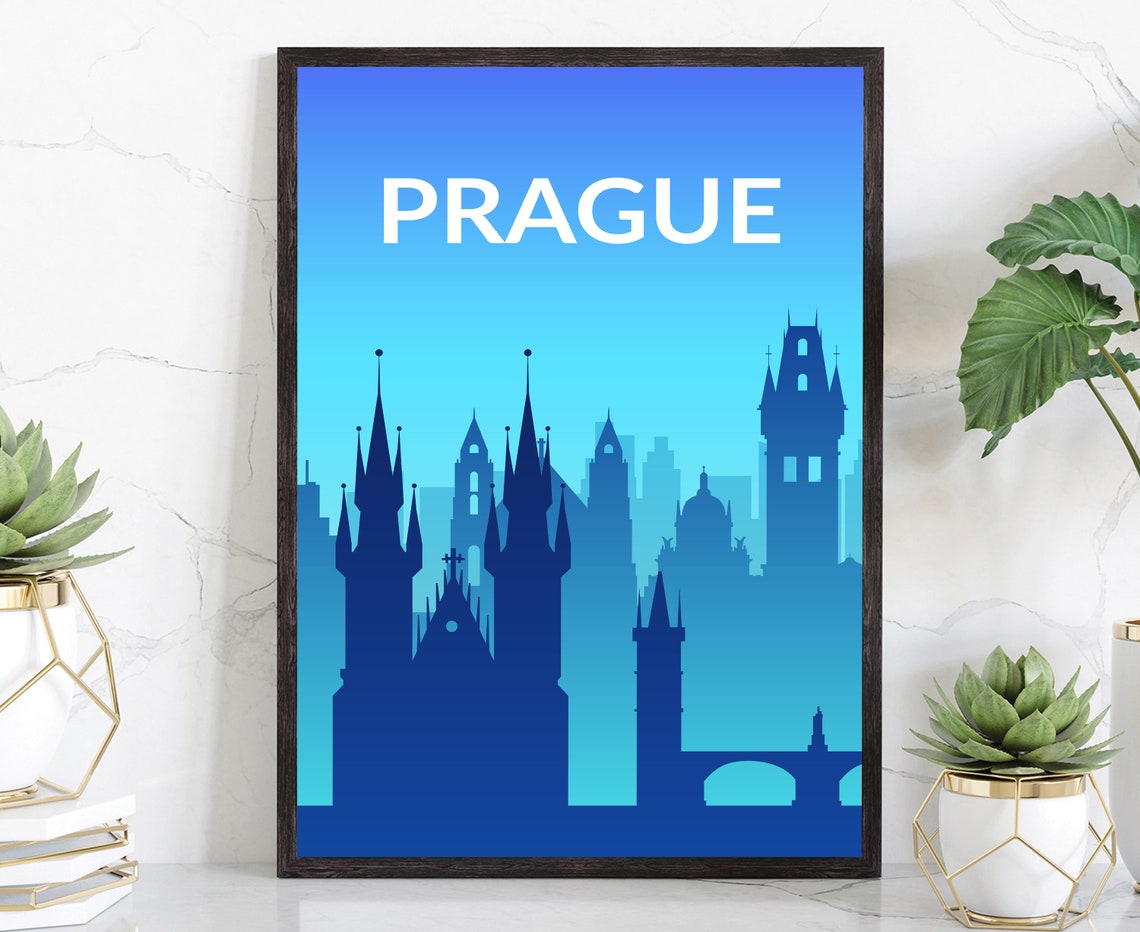 Prague Czech Republic Blue Gradient Modern Solid Color Skyline Poster