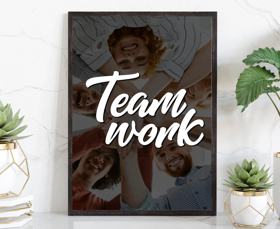 Team Work Script Quote Poster Hands Stacked Group Support Together