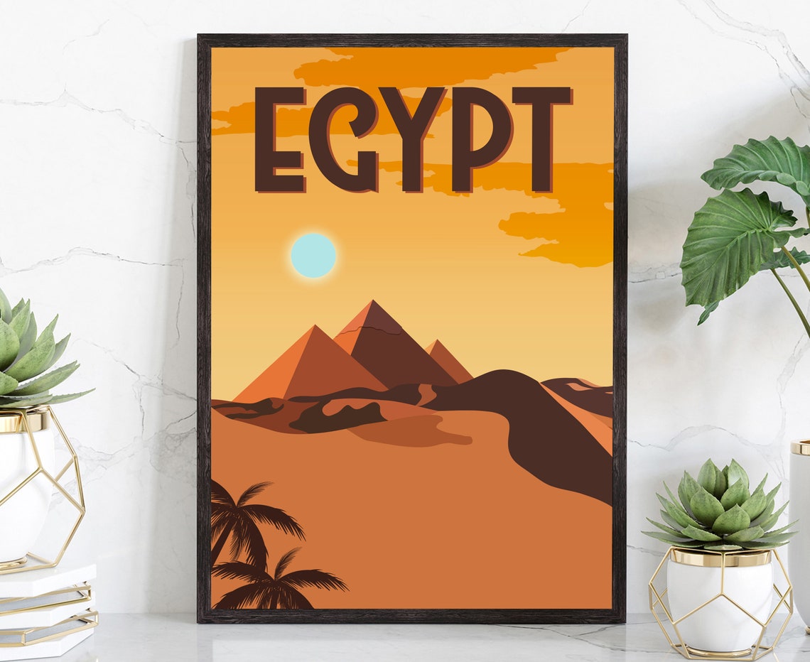 Egypt Giza Pyramids Desert Sunset Retro Vintage Style Travel Poster