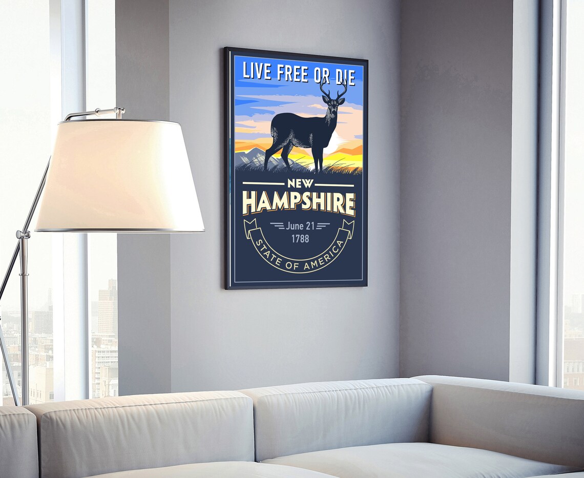 New Hampshire Live Free Or Die Deer Sunset Vintage Travel Poster - Image 4