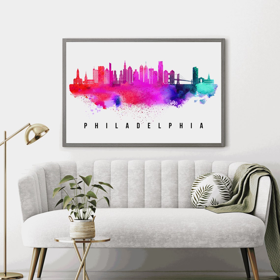 Philadelphia Pennsylvania Pink Purple Watercolor Skyline Art Poster - Image 4