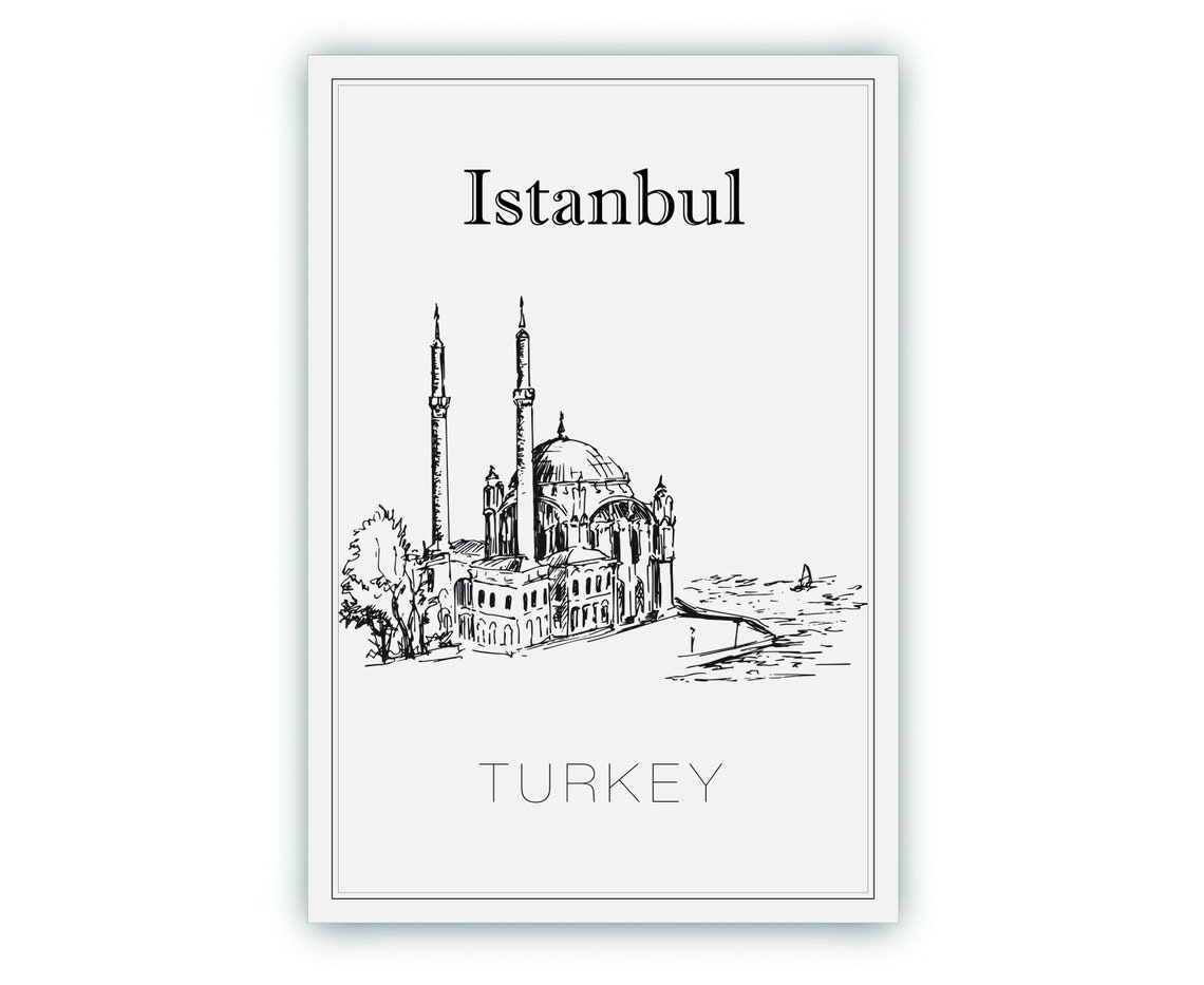 Istanbul Turkey Ortakoy Mosque Bosphorus Waterfront Sketch Poster - Image 2