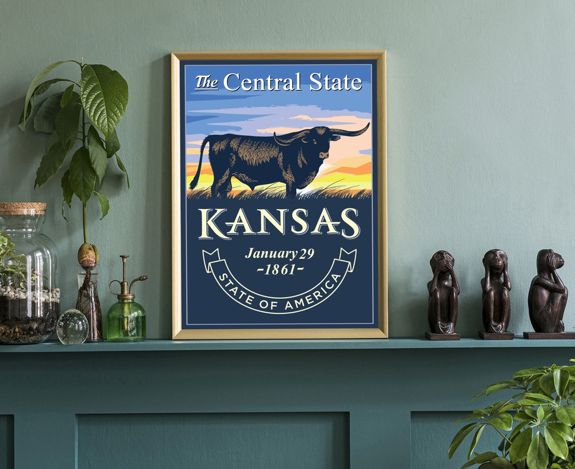 Kansas Central State Longhorn Sunset Retro Vintage State Emblem Poster - Image 3