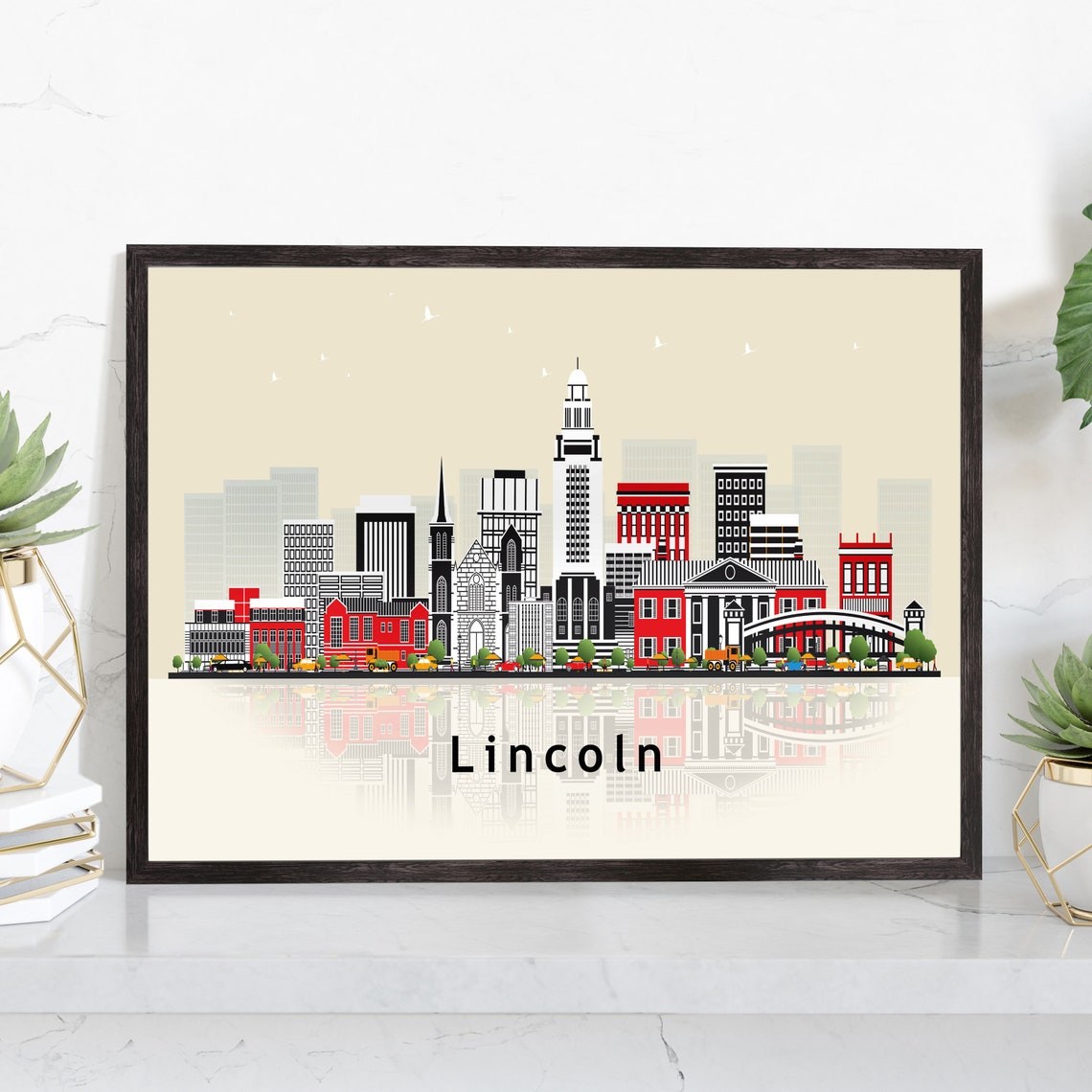 Lincoln Nebraska City Skyline Reflection Modern Travel Poster