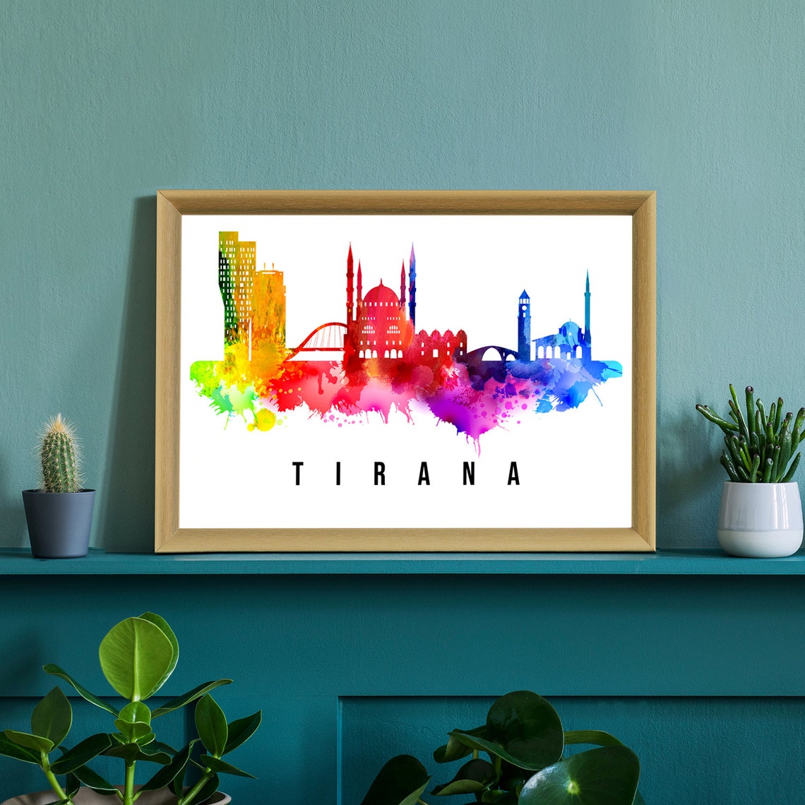 Tirana Albania Rainbow Watercolor Skyline Mosque Bridge Art Poster - Image 2