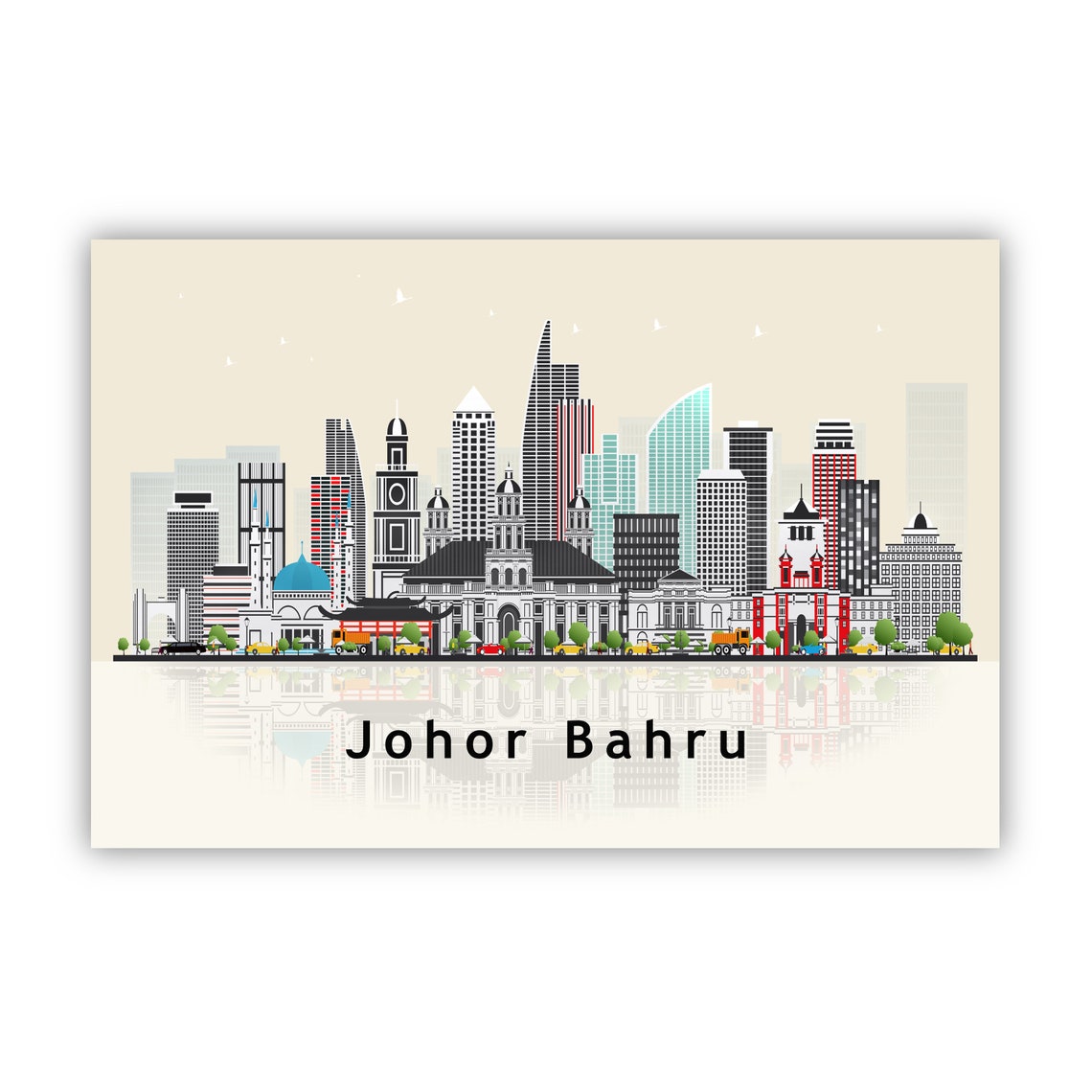 Johor Bahru Malaysia City Skyline Flat Vector Modern Travel Poster - Image 2