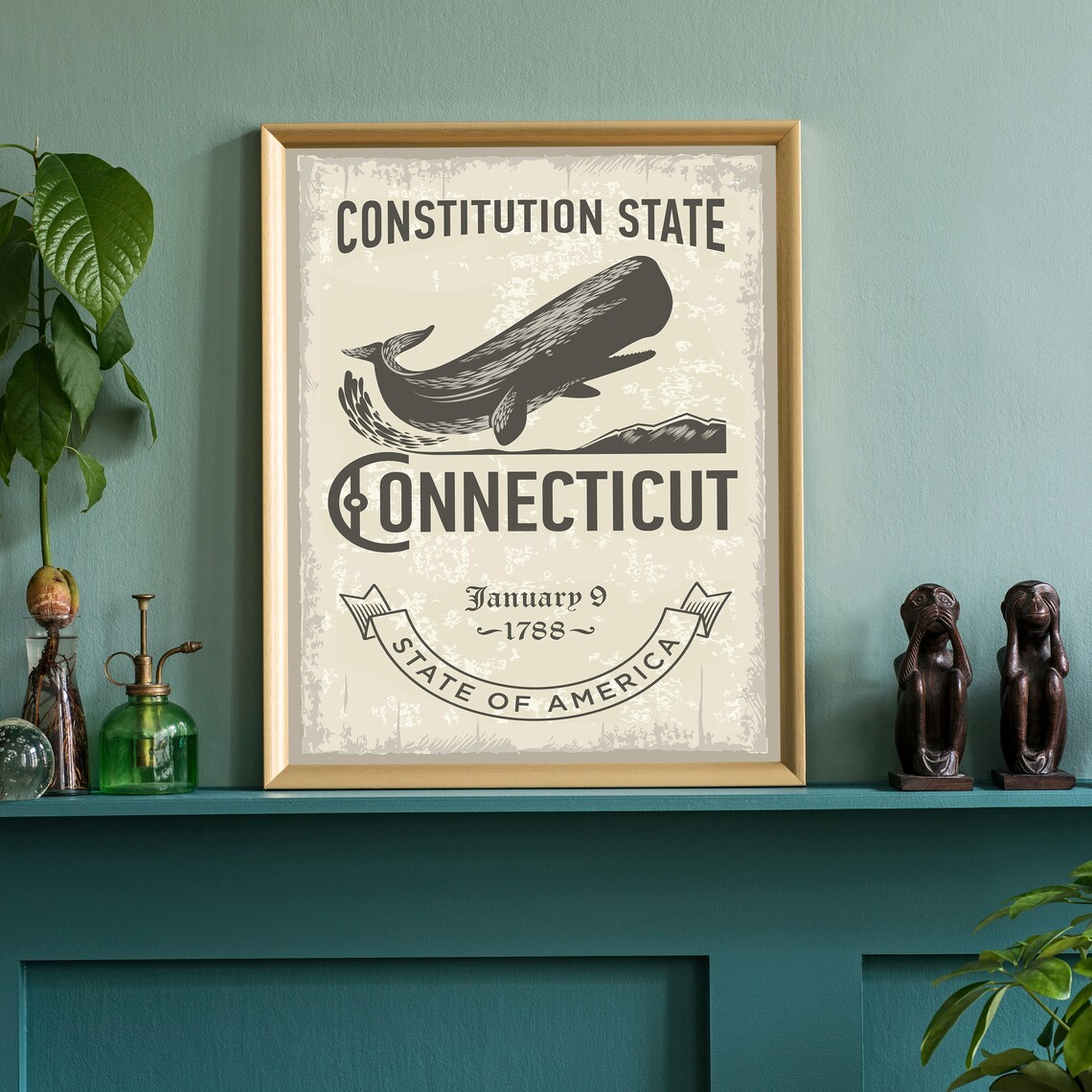 Connecticut Constitution State Whale Vintage Emblem Travel Poster - Image 3