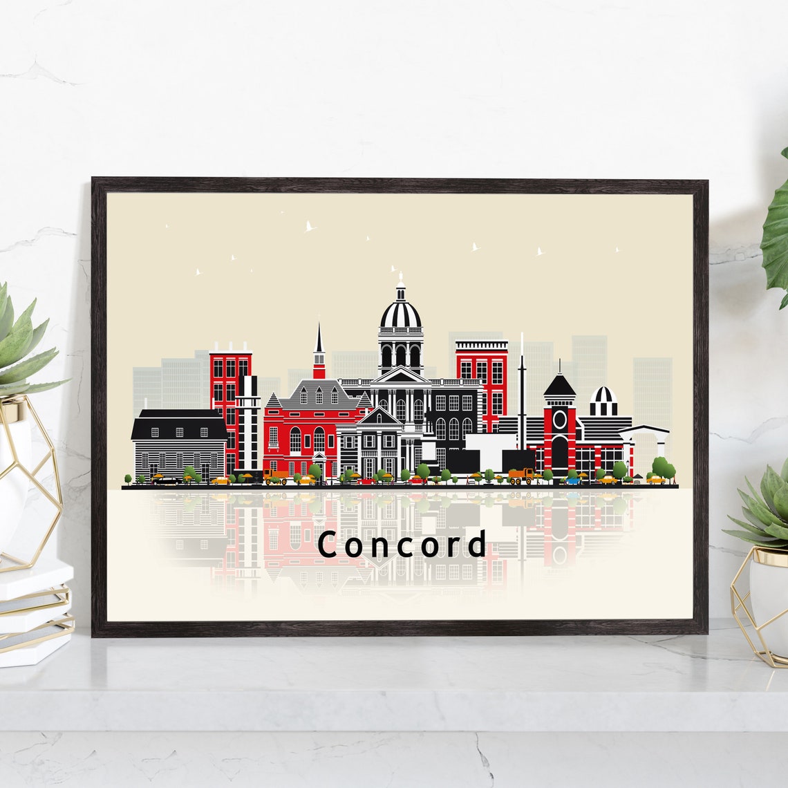 Concord New Hampshire Retro Vector Skyline Reflection Art Poster