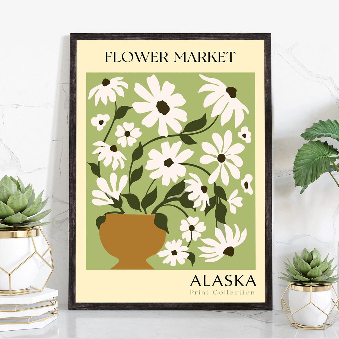 Alaska Flower Market White Daisies Retro Botanical Art Poster Decor