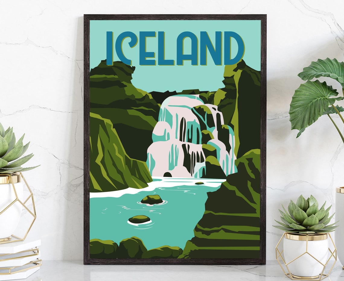 Iceland Majestic Waterfall Canyon Vintage Travel Poster Art Print