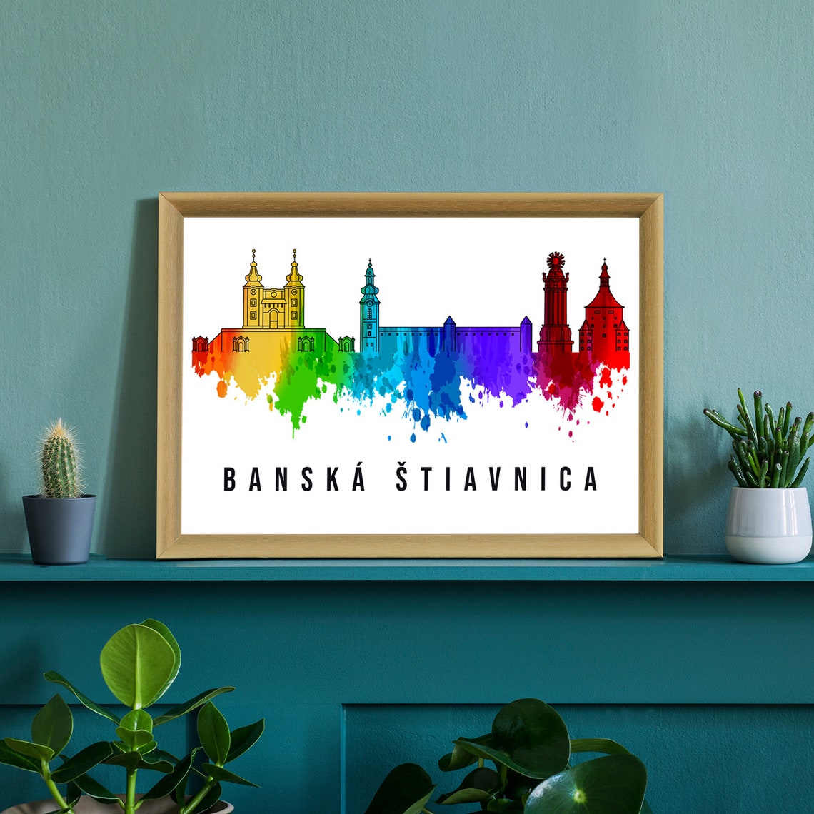 Banska Stiavnica Slovakia Watercolor Rainbow Old Town Skyline Poster - Image 2