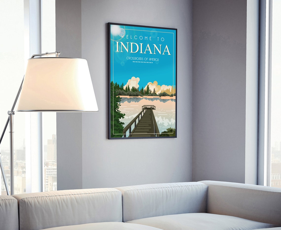 Indiana Crossroads Of America Retro Lake Dock Sunset Travel Poster - Image 4