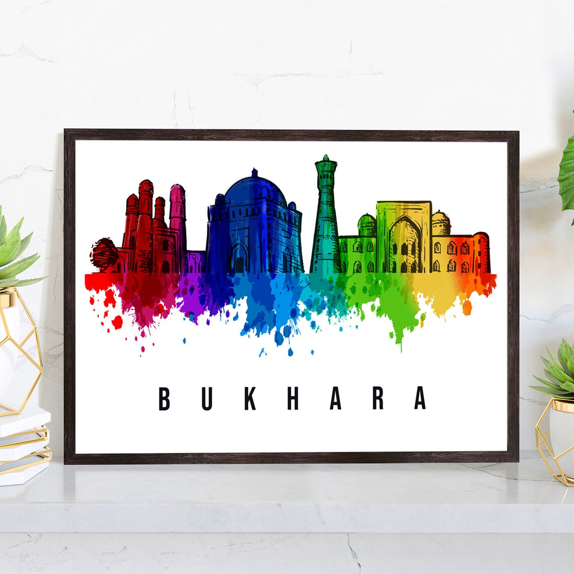 Bukhara Uzbekistan Skyline Watercolor Poster with Minaret Domes View