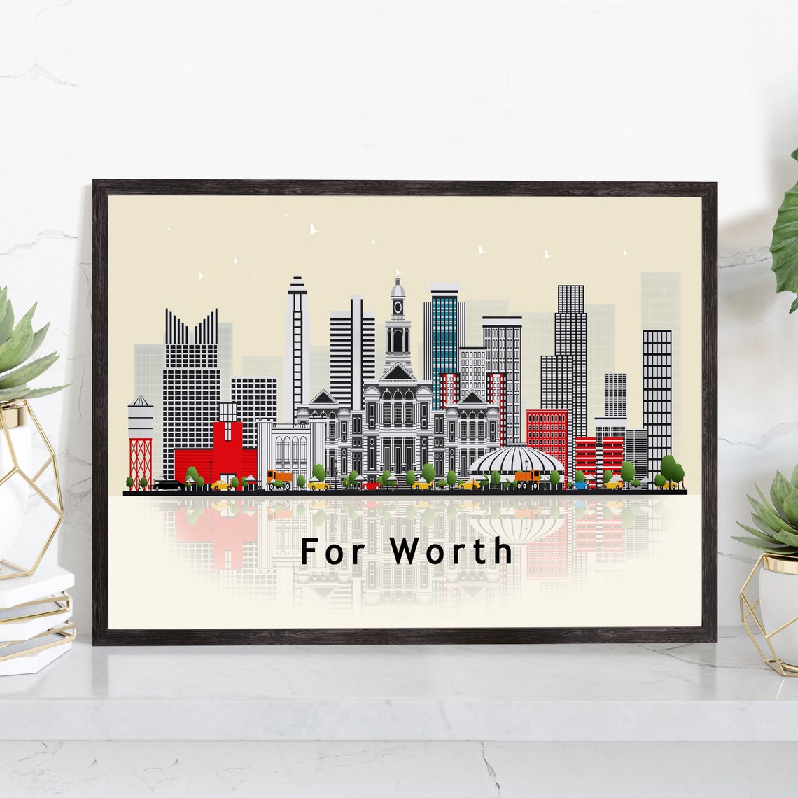 Fort Worth Texas Modern Skyline Reflection Illustration Travel Poster