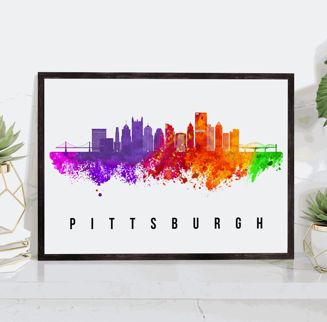 Pittsburgh Pennsylvania Colorful Watercolor Skyline Travel Poster