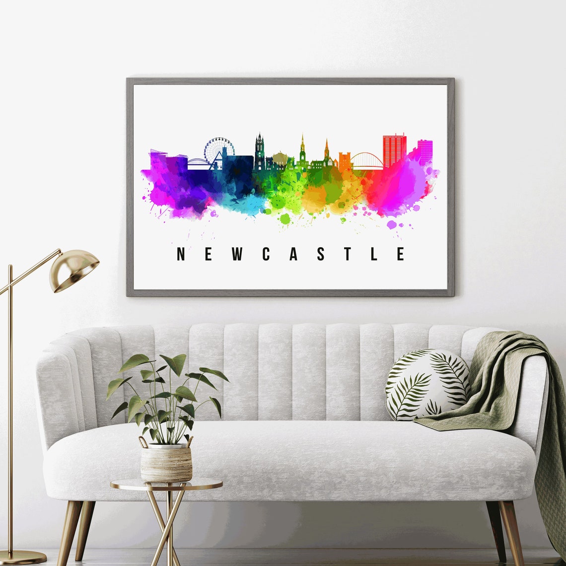 Newcastle England Rainbow Watercolor Skyline Silhouette Art Poster - Image 4