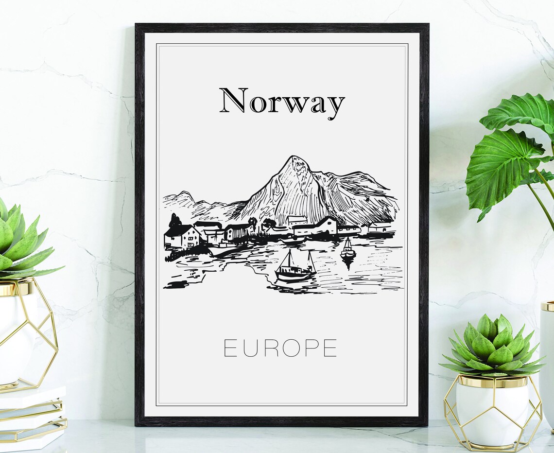 Norway Fjord Village Mountain And Boats Hand Drawn Sketch Poster