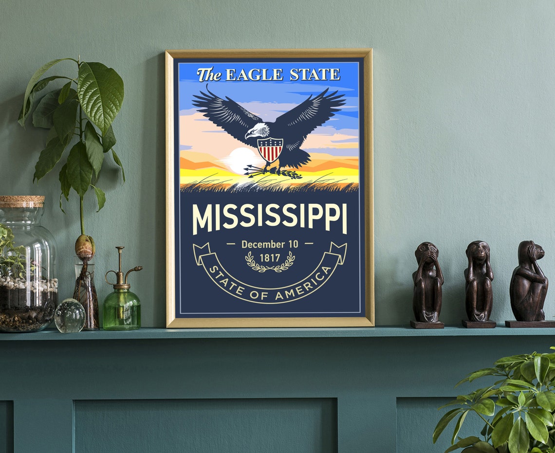 Mississippi Eagle State Bald Eagle Sunset Retro Emblem Travel Poster - Image 3