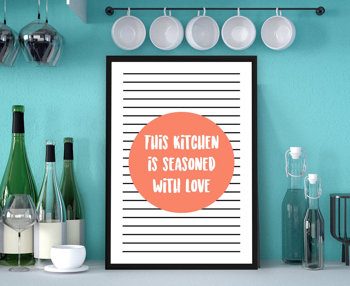 This Kitchen Is Seasoned With Love Coral Striped Modern Quote Poster