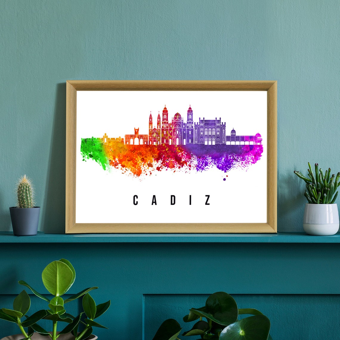Cadiz Spain Rainbow Watercolor Skyline Cathedral Cityscape Art Poster - Image 2