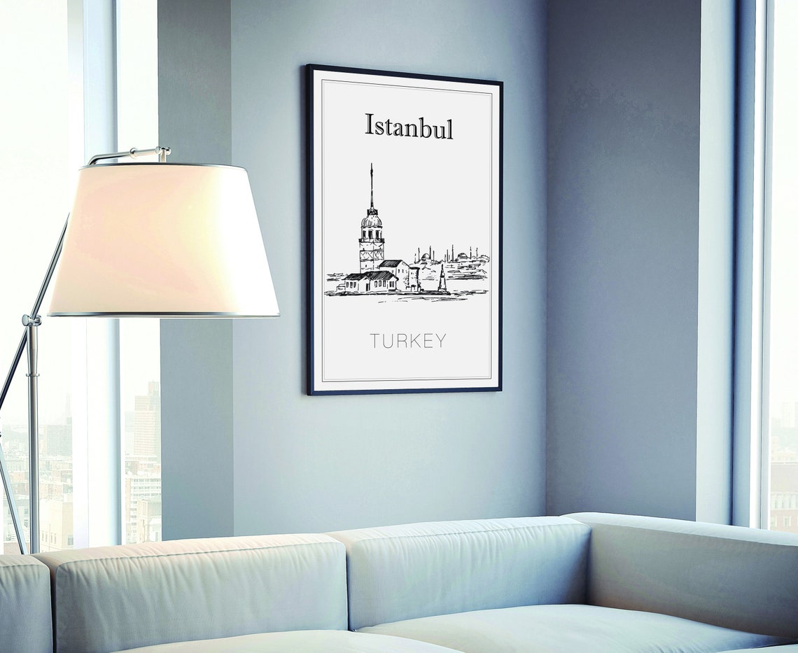 Istanbul Turkey Maiden's Tower Bosphorus Hand Drawn Sketch Poster - Image 4