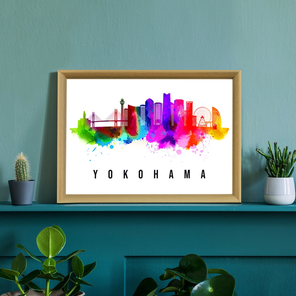 Yokohama Japan Rainbow Watercolor Skyline Silhouette Travel Poster - Image 2