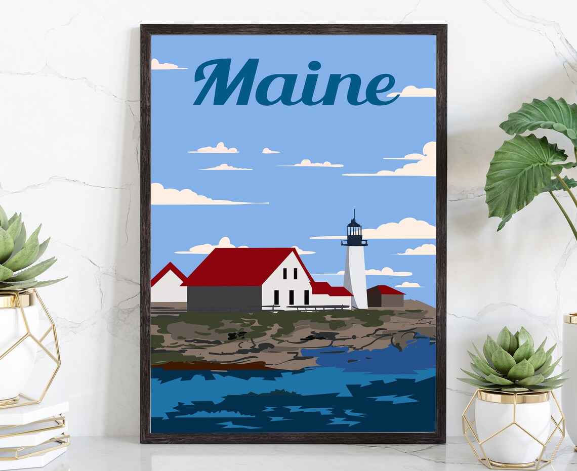 Maine Lighthouse Red Roof Rocky Coast Retro Seaside Travel Poster