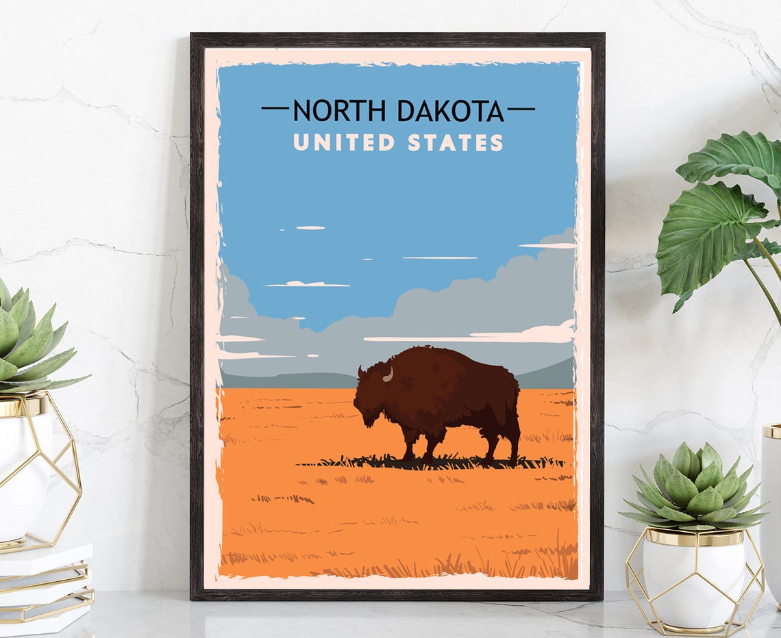 North Dakota Bison Prairie Sunset Vintage Retro Style Travel Poster
