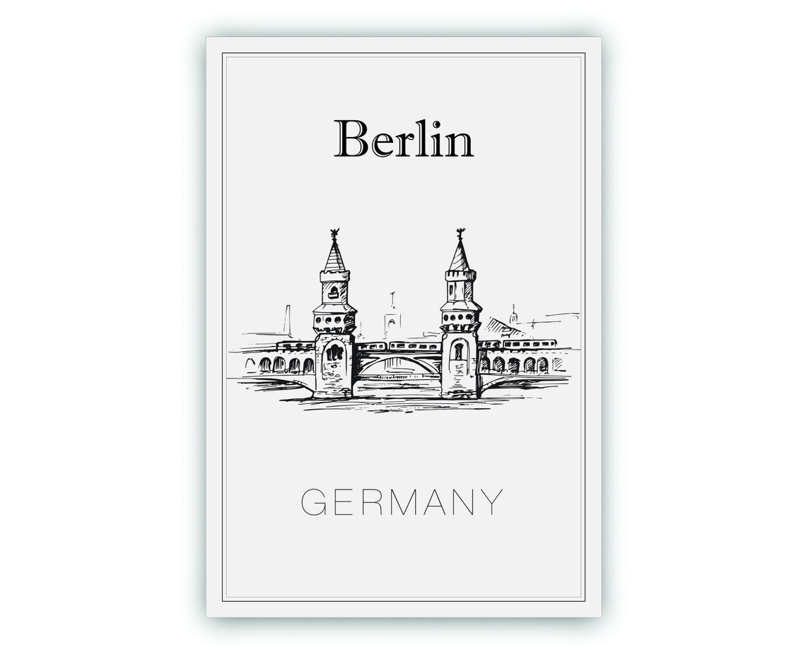Berlin Germany Oberbaum Bridge Twin Towers Hand Drawn Sketch Poster - Image 2
