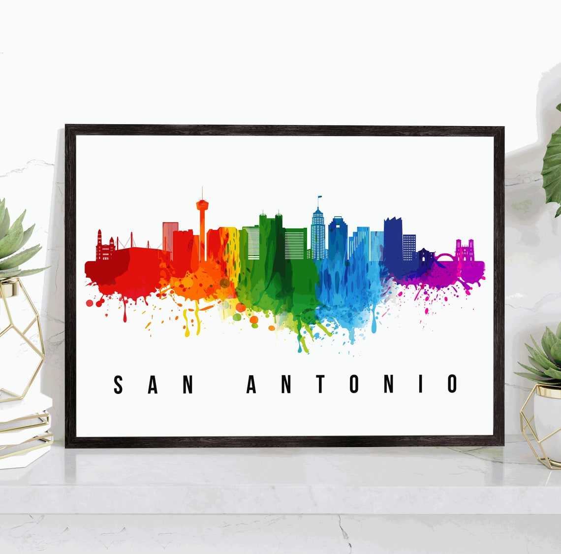 San Antonio Texas Rainbow Watercolor Skyline Travel Poster Wall Art