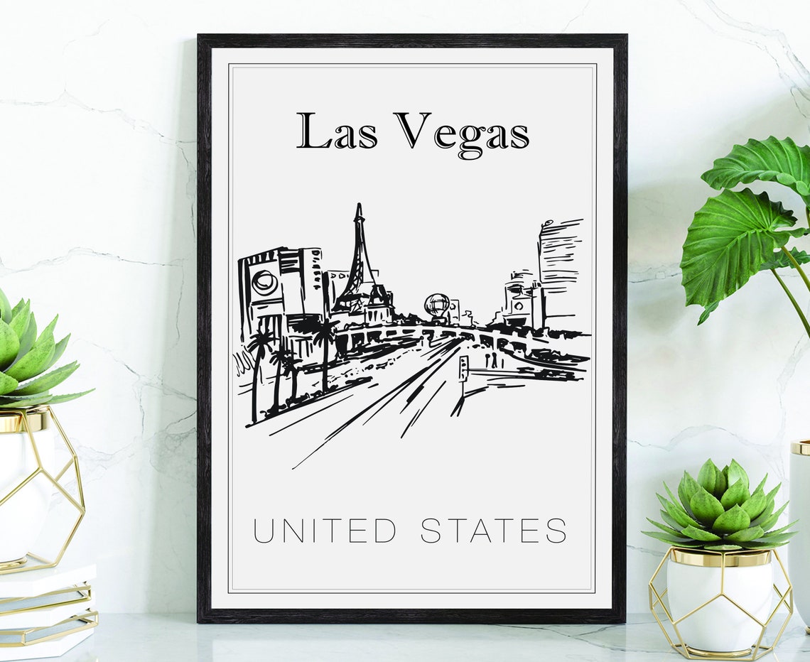 Las Vegas Nevada Strip Eiffel Tower Hand Drawn Sketch Travel Poster