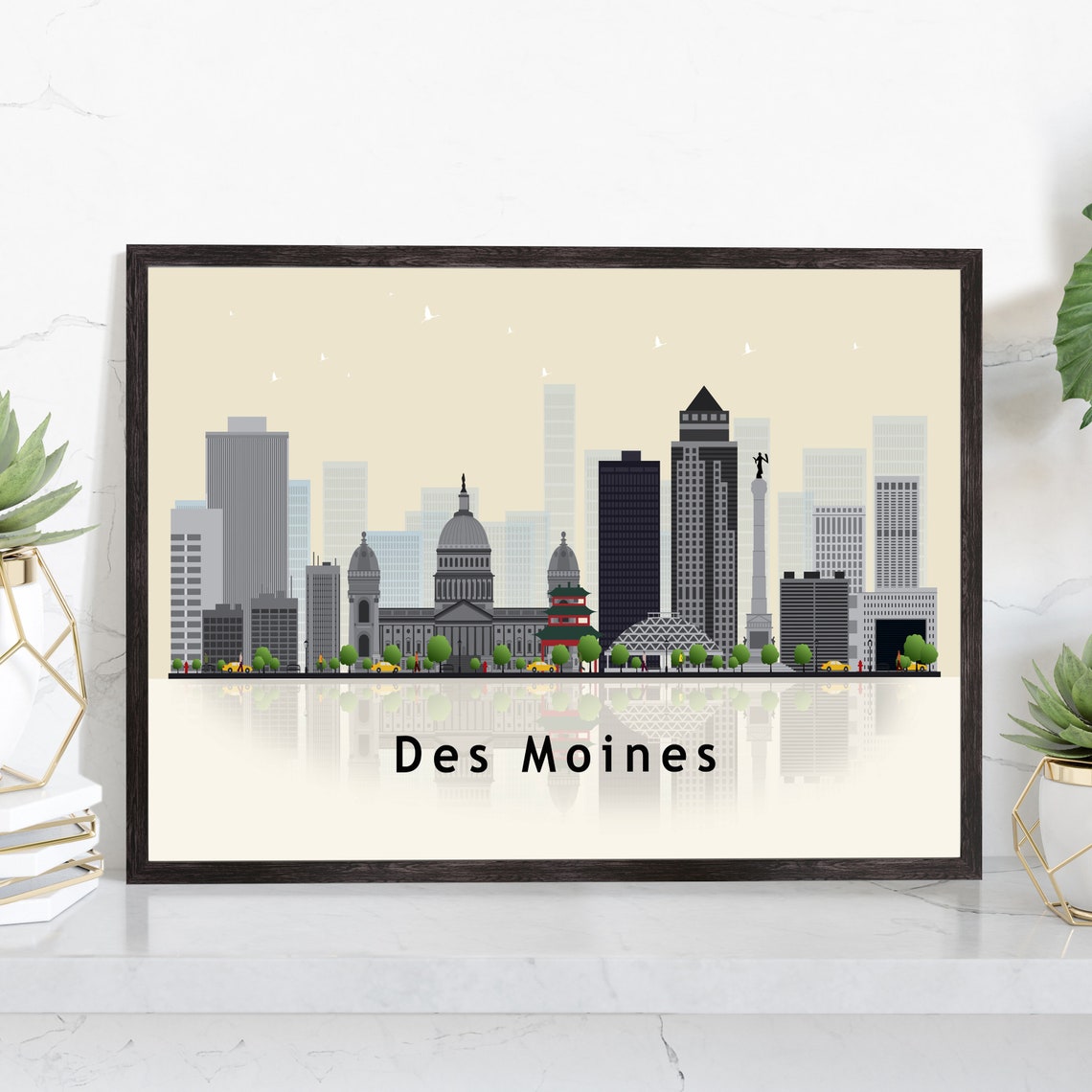 Des Moines Iowa Modern City Skyline Illustration Landmark Poster