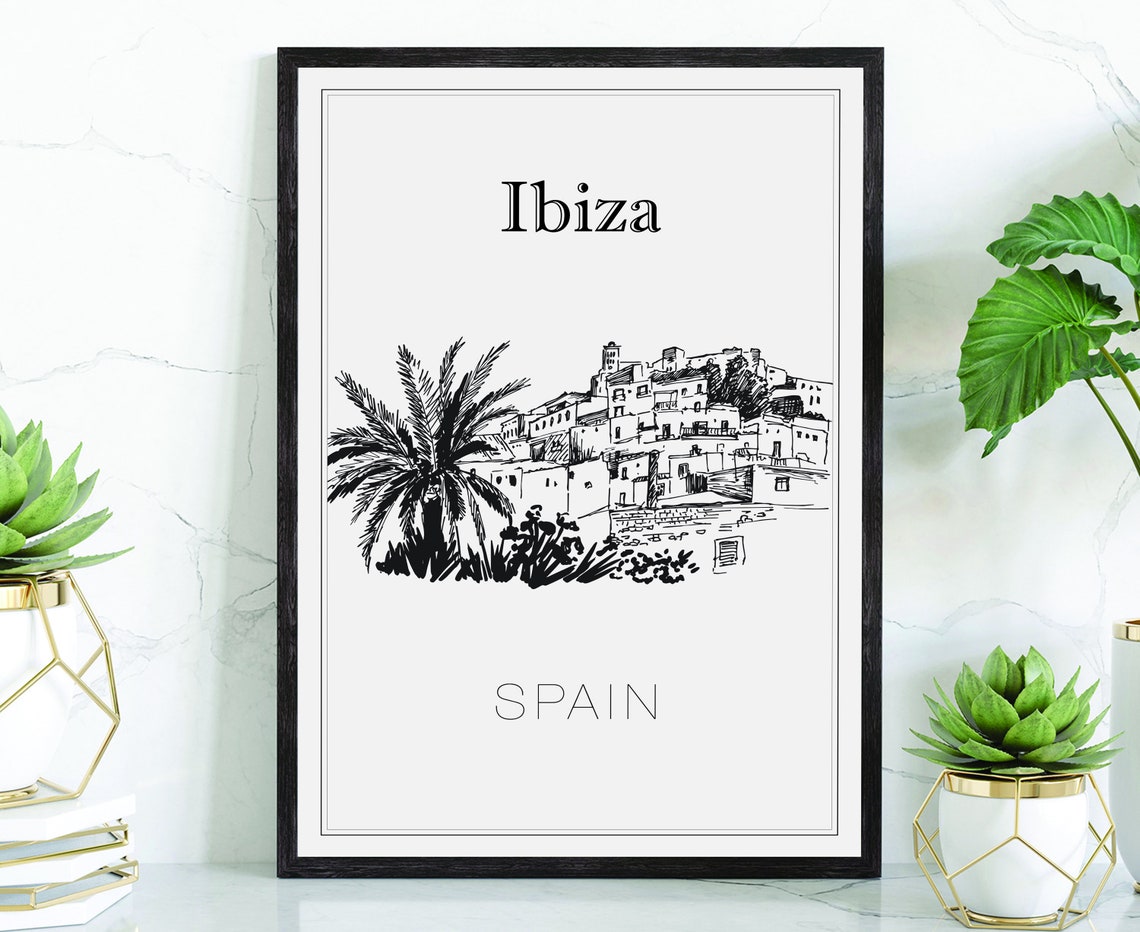 Ibiza Spain Dalt Vila Old Town Palm Tree Hand Drawn Art Poster