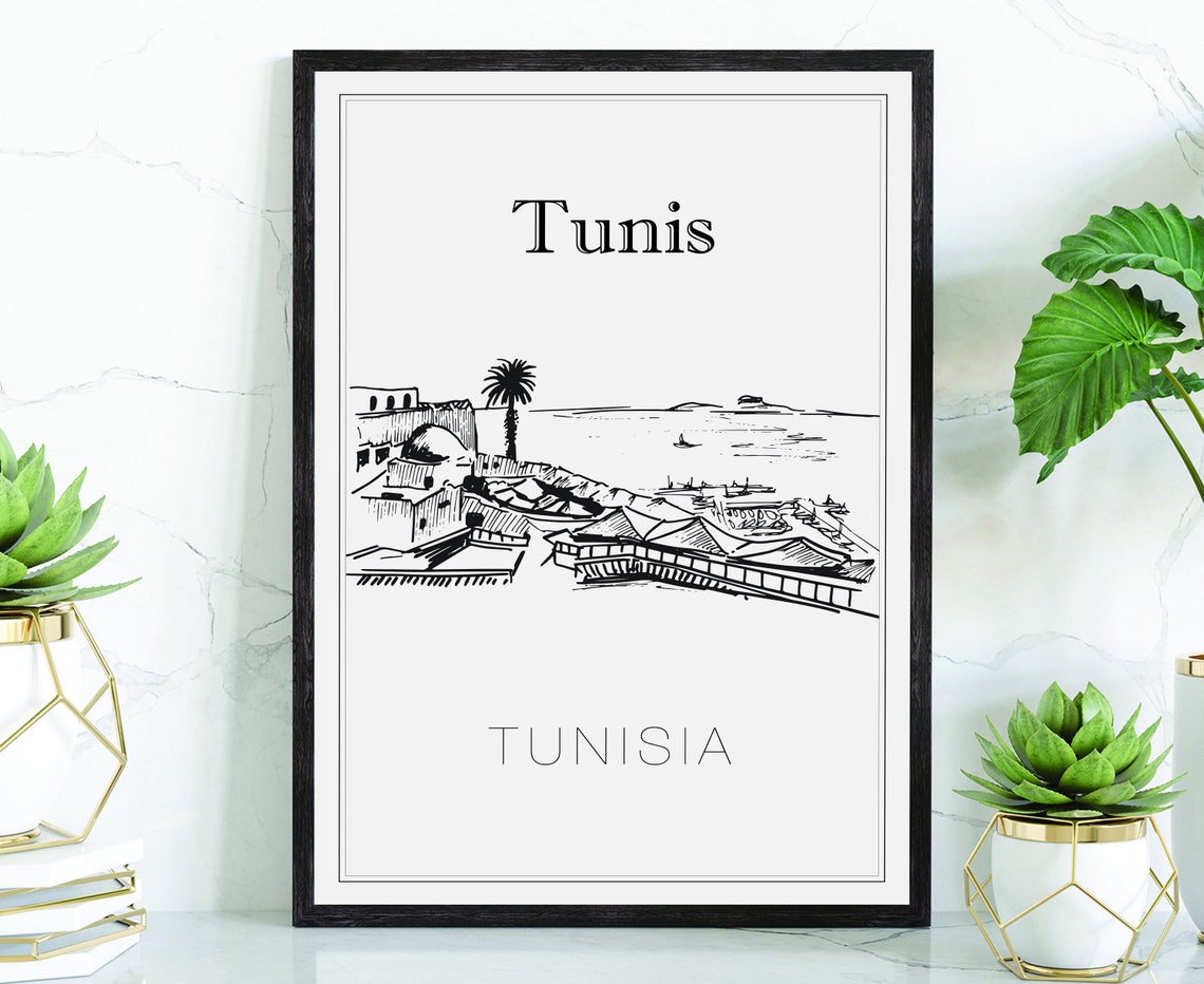Tunis Tunisia Hand Drawn Ink Harbor Cityscape Travel Art Poster