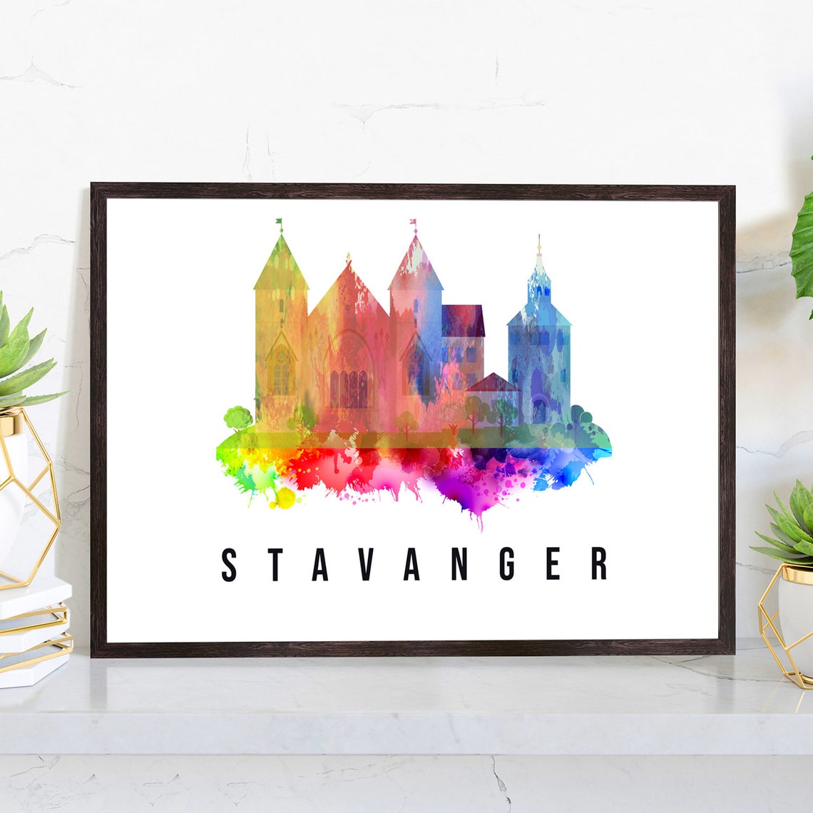 Stavanger Norway Medieval Cathedral Watercolor Landmark Poster
